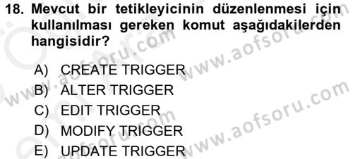 Veritabanı Programlama Dersi 2018 - 2019 Yılı (Vize) Ara Sınavı 18. Soru