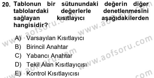 Veritabanı Programlama Dersi 2018 - 2019 Yılı (Vize) Ara Sınav Soruları 20. Soru