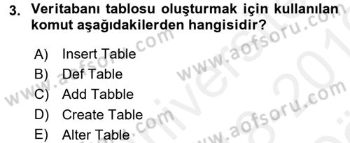 Veritabanı Programlama Dersi 2018 - 2019 Yılı (Vize) Ara Sınav Soruları 3. Soru