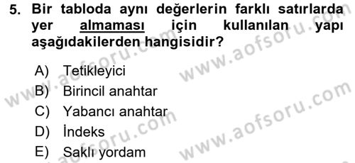 Veritabanı Programlama Dersi 2018 - 2019 Yılı (Vize) Ara Sınav Soruları 5. Soru