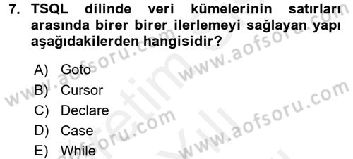 Veritabanı Programlama Dersi 2018 - 2019 Yılı (Vize) Ara Sınav Soruları 7. Soru