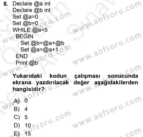 Veritabanı Programlama Dersi 2018 - 2019 Yılı (Vize) Ara Sınav Soruları 8. Soru