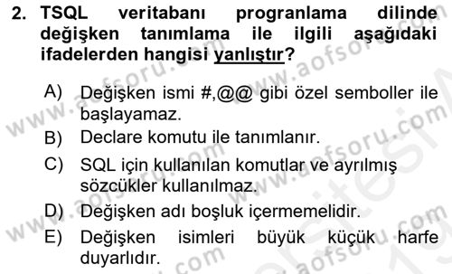 Veritabanı Programlama Dersi 2018 - 2019 Yılı (Final) Dönem Sonu Sınav Soruları 2. Soru