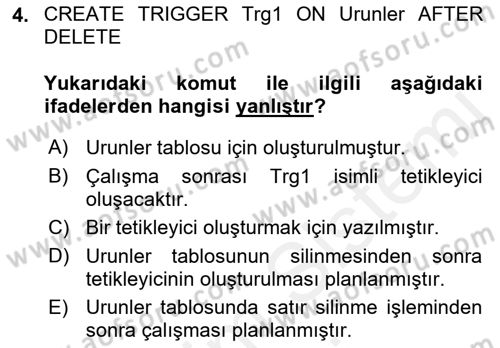 Veritabanı Programlama Dersi 2018 - 2019 Yılı (Final) Dönem Sonu Sınav Soruları 4. Soru