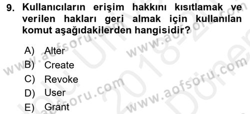 Veritabanı Programlama Dersi 2018 - 2019 Yılı (Final) Dönem Sonu Sınav Soruları 9. Soru