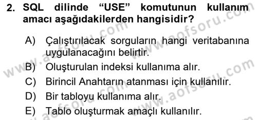 Veritabanı Programlama Dersi 2018 - 2019 Yılı Yaz Okulu Sınav Soruları 2. Soru