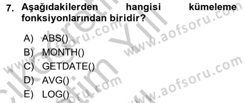 Veritabanı Programlama Dersi 2018 - 2019 Yılı Yaz Okulu Sınav Soruları 7. Soru