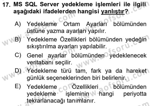 Veritabanı Programlama Dersi 2020 - 2021 Yılı Yaz Okulu Sınavı 17. Soru