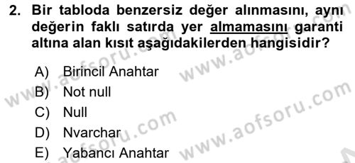 Veritabanı Programlama Dersi 2020 - 2021 Yılı Yaz Okulu Sınav Soruları 2. Soru