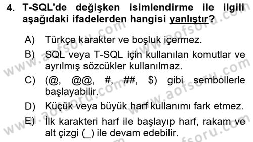 Veritabanı Programlama Dersi 2020 - 2021 Yılı Yaz Okulu Sınav Soruları 4. Soru