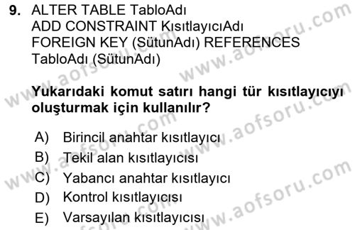 Veritabanı Programlama Dersi 2020 - 2021 Yılı Yaz Okulu Sınav Soruları 9. Soru