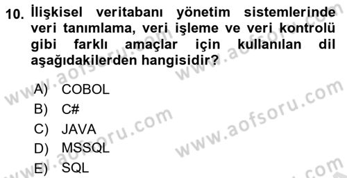 Veritabanı Programlama Dersi 2021 - 2022 Yılı (Vize) Ara Sınav Soruları 10. Soru