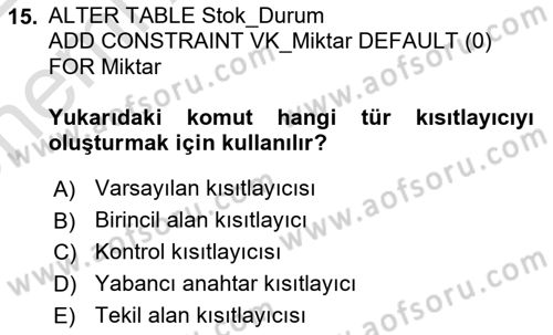 Veritabanı Programlama Dersi 2021 - 2022 Yılı (Vize) Ara Sınavı 15. Soru