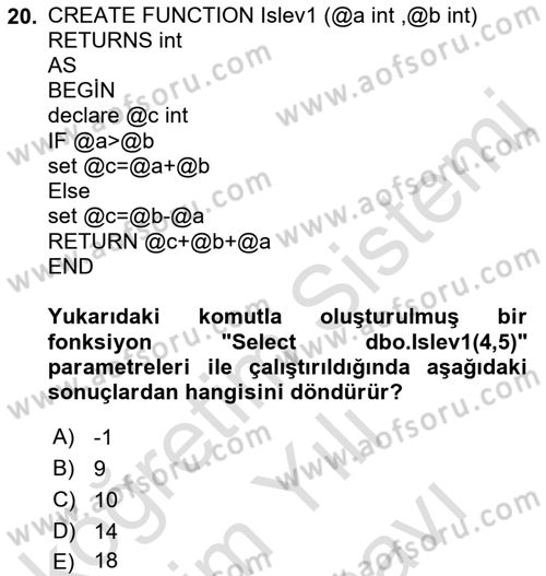 Veritabanı Programlama Dersi 2021 - 2022 Yılı (Vize) Ara Sınav Soruları 20. Soru