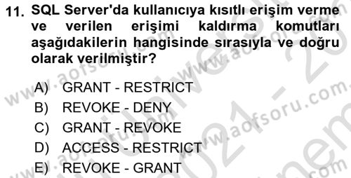 Veritabanı Programlama Dersi 2021 - 2022 Yılı (Final) Dönem Sonu Sınav Soruları 11. Soru