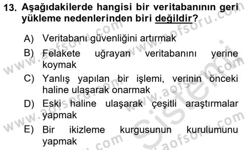 Veritabanı Programlama Dersi 2021 - 2022 Yılı (Final) Dönem Sonu Sınav Soruları 13. Soru