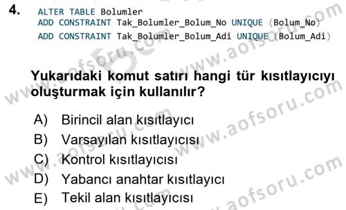 Veritabanı Programlama Dersi 2021 - 2022 Yılı (Final) Dönem Sonu Sınav Soruları 4. Soru
