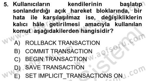 Veritabanı Programlama Dersi 2021 - 2022 Yılı (Final) Dönem Sonu Sınav Soruları 5. Soru