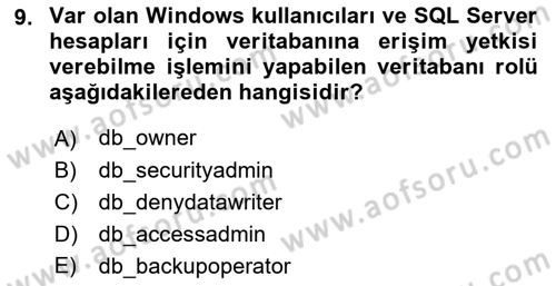 Veritabanı Programlama Dersi 2021 - 2022 Yılı (Final) Dönem Sonu Sınav Soruları 9. Soru