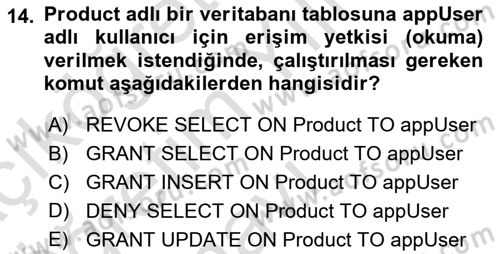 Veritabanı Programlama Dersi 2021 - 2022 Yılı Yaz Okulu Sınav Soruları 14. Soru