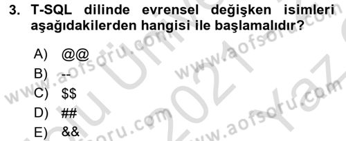 Veritabanı Programlama Dersi 2021 - 2022 Yılı Yaz Okulu Sınav Soruları 3. Soru