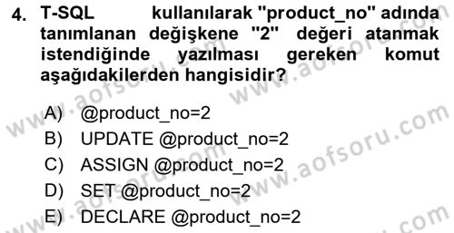 Veritabanı Programlama Dersi 2021 - 2022 Yılı Yaz Okulu Sınav Soruları 4. Soru