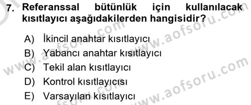 Veritabanı Programlama Dersi 2021 - 2022 Yılı Yaz Okulu Sınavı 7. Soru