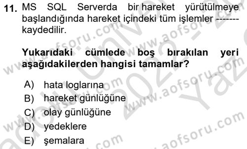 Veritabanı Programlama Dersi 2022 - 2023 Yılı Yaz Okulu Sınavı 11. Soru