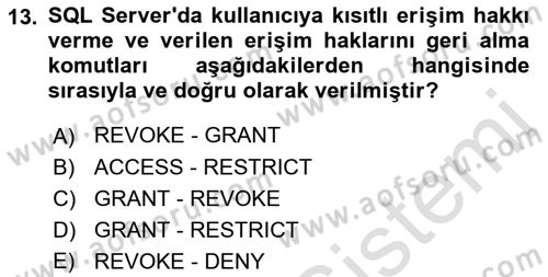 Veritabanı Programlama Dersi 2022 - 2023 Yılı Yaz Okulu Sınav Soruları 13. Soru