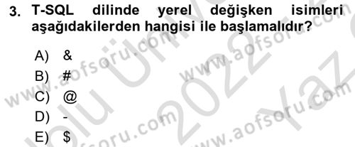 Veritabanı Programlama Dersi 2022 - 2023 Yılı Yaz Okulu Sınav Soruları 3. Soru