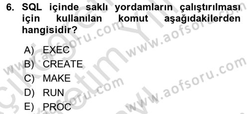 Veritabanı Programlama Dersi 2022 - 2023 Yılı Yaz Okulu Sınav Soruları 6. Soru