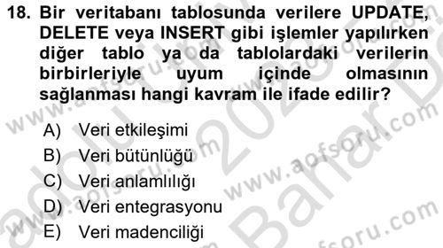 Veritabanı Programlama Dersi 2023 - 2024 Yılı (Vize) Ara Sınav Soruları 18. Soru