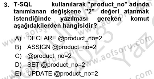 Veritabanı Programlama Dersi 2023 - 2024 Yılı Yaz Okulu Sınavı 3. Soru