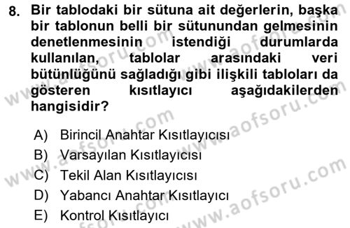 Veritabanı Programlama Dersi 2023 - 2024 Yılı Yaz Okulu Sınavı 8. Soru