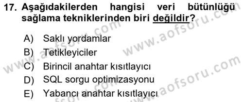 Veritabanı Programlama Dersi 2024 - 2025 Yılı (Vize) Ara Sınav Soruları 17. Soru