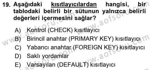 Veritabanı Programlama Dersi 2024 - 2025 Yılı (Vize) Ara Sınav Soruları 19. Soru
