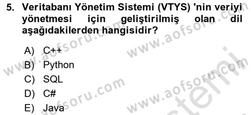 Veritabanı Programlama Dersi 2024 - 2025 Yılı (Vize) Ara Sınav Soruları 5. Soru