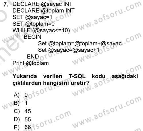 Veritabanı Programlama Dersi 2024 - 2025 Yılı (Vize) Ara Sınav Soruları 7. Soru