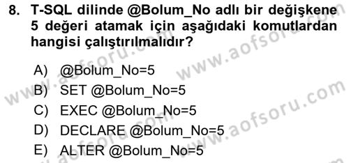 Veritabanı Programlama Dersi 2024 - 2025 Yılı (Vize) Ara Sınav Soruları 8. Soru