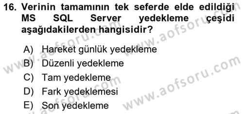 Veritabanı Programlama Dersi 2024 - 2025 Yılı (Final) Dönem Sonu Sınav Soruları 16. Soru