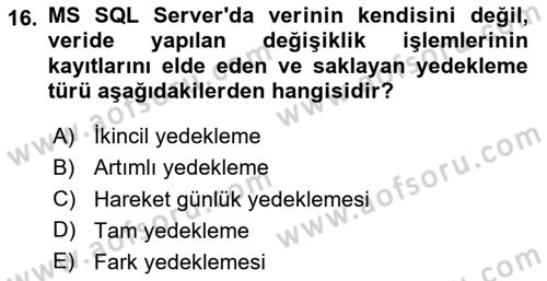 Veritabanı Programlama Dersi 2024 - 2025 Yılı Yaz Okulu Sınav Soruları 16. Soru