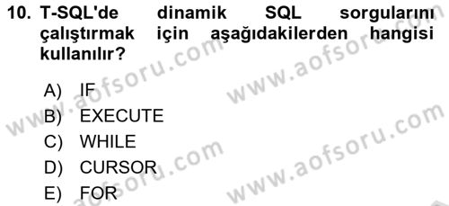 Veritabanı Programlama Dersi 2025 - 2026 Yılı (Vize) Ara Sınav Soruları 10. Soru