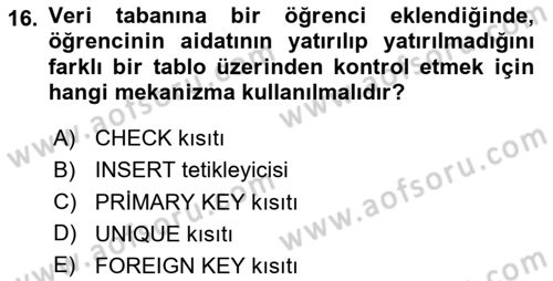 Veritabanı Programlama Dersi 2025 - 2026 Yılı (Vize) Ara Sınav Soruları 16. Soru