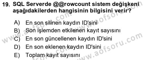 Veritabanı Programlama Dersi 2025 - 2026 Yılı (Vize) Ara Sınav Soruları 19. Soru