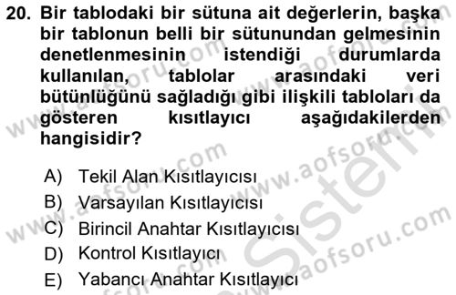 Veritabanı Programlama Dersi 2025 - 2026 Yılı (Vize) Ara Sınav Soruları 20. Soru