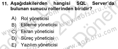 Veritabanı Programlama Dersi 2025 - 2026 Yılı (Final) Dönem Sonu Sınav Soruları 11. Soru