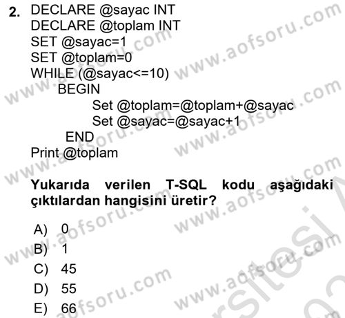 Veritabanı Programlama Dersi 2025 - 2026 Yılı (Final) Dönem Sonu Sınav Soruları 2. Soru