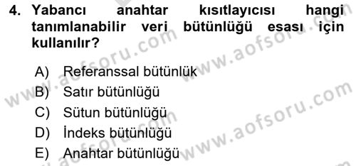 Veritabanı Programlama Dersi 2025 - 2026 Yılı (Final) Dönem Sonu Sınav Soruları 4. Soru
