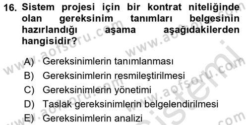 Sistem Analizi Ve Tasarımı Dersi Ara Sınavı Deneme Sınav Soruları 16. Soru
