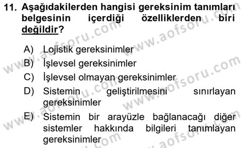 Sistem Analizi Ve Tasarımı Dersi Ara Sınavı Deneme Sınav Soruları 11. Soru